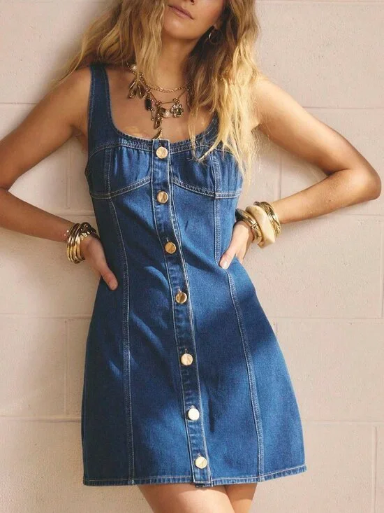 Blue Casual Women's Button Front Bodycon Square Neck Denim Mini Vacation Dress - Picture 3 of 9